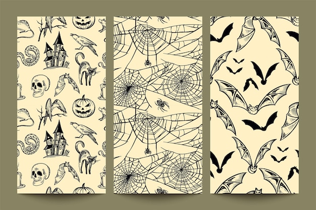 Set van drie vector Halloween naadloze patronen met handgetekende elementen in schetsstijl