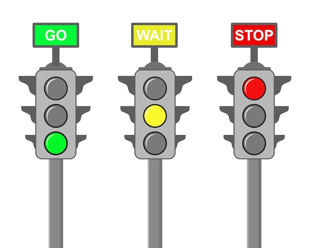 Set van drie verkeerslichten met tekst geïsoleerde witte achtergrond