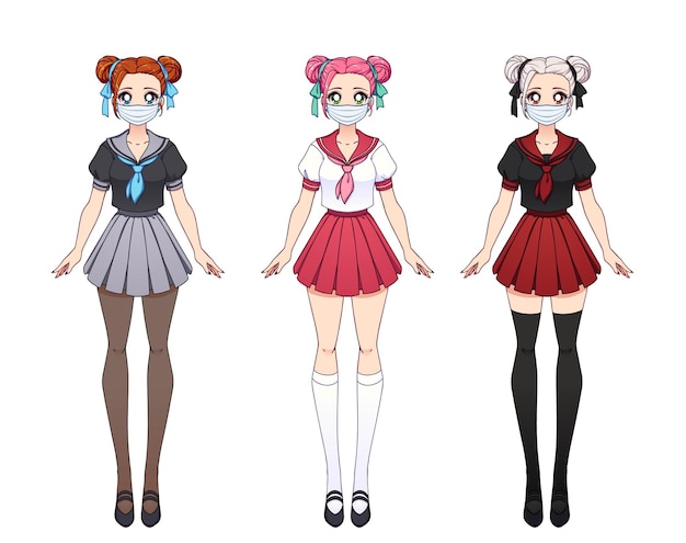 Set van drie verschillende kleding voor animemeisjes