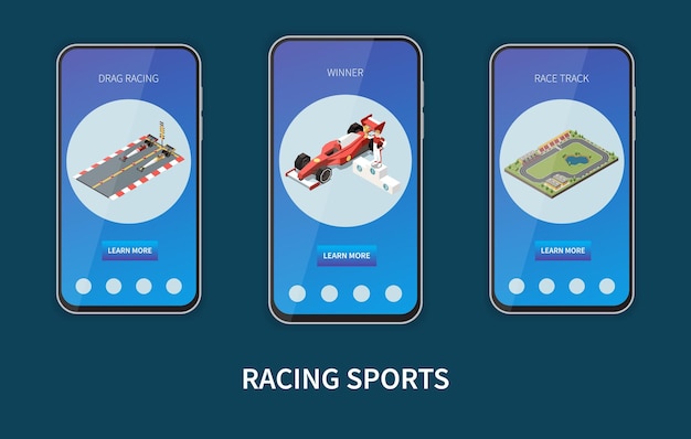 Set van drie verticale banners in smartphoneframes voor racesporten