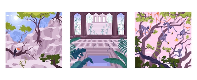 Set van drie vierkante composities met vlakke landschappen