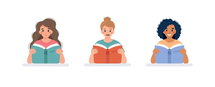 Vector set van drie vrouwen die een boek lezen aan een bureau leer- en alfabetiseringsdagconcept