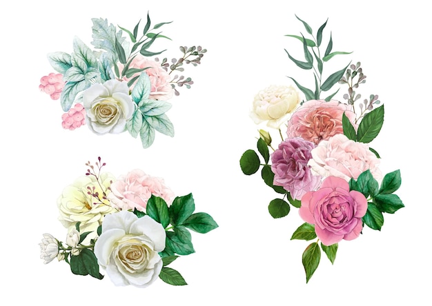 Set van drie weelderige rozenboeketten met bladeren en bessen
