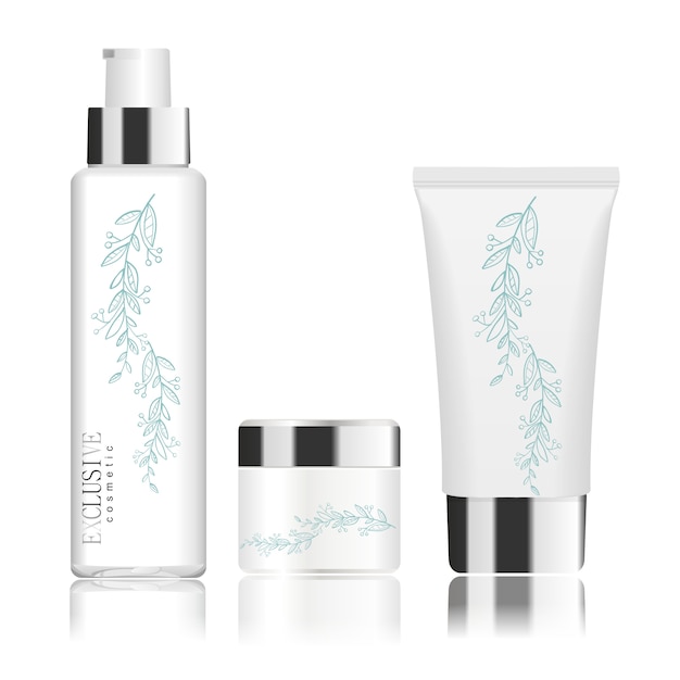 Set van drie witte cosmetische buizen met bloemmotief.