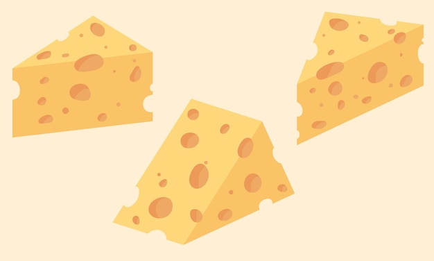 Set van driehoekige stuk kaas cartoon afbeelding Kaas platte pictogram Vector hoofd van kaas in vlakke stijl geïsoleerd op gele achtergrond