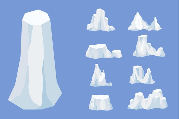 Set van drijvende ijsberg ijsberg groot stuk zoetwaterblauw kristallen ijs in open water