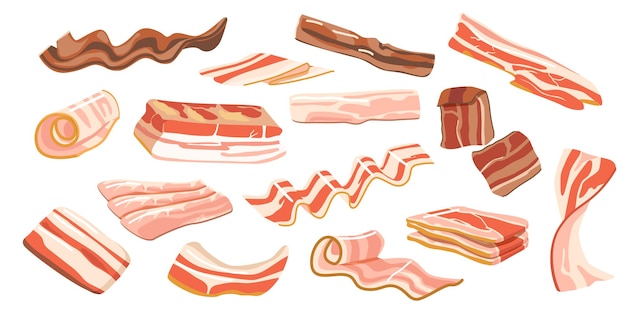 Set van dunne spekreepjes, Rashers geïsoleerd op een witte achtergrond. Borst of ham, smakelijke snack, heerlijk eten voor het ontbijt. Rauwe of Gerookte Vette Plakjes Varkensvlees. Cartoon vectorillustratie, Clipart