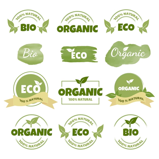 Set van eco bio biologische 100 natuurlijke producten natuurlijk product verzameling van emblemen badges labels