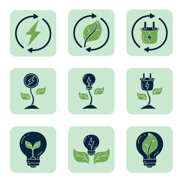 Set van eco-energie doodle platte pictogram Hernieuwbare energie doodle pictogram collecties