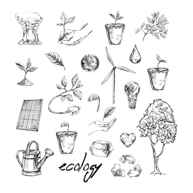 Set van ecologie Hand getrokken ontwerp vectorillustratie Ecologie probleem recycling en groene energie