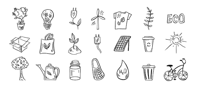 Set van ecologie Handgetekende doodle vector Ecologie recycling Milieusymbolen