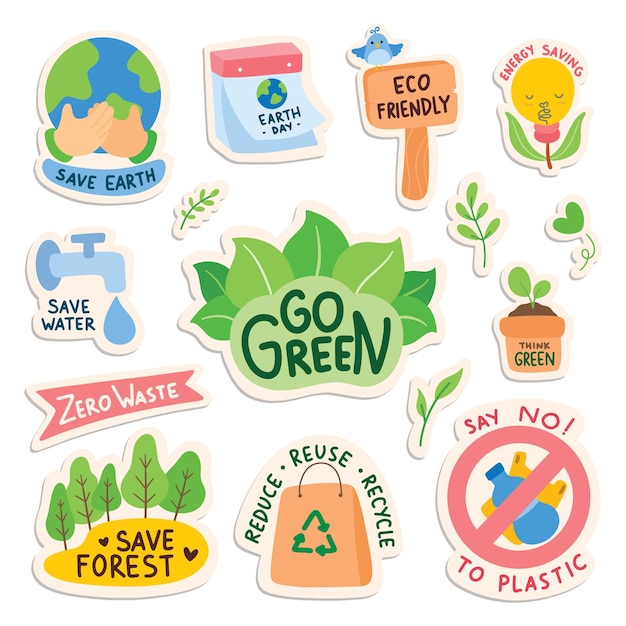 Set van ecologie sticker met slogan in doodle stijl vectorillustratie