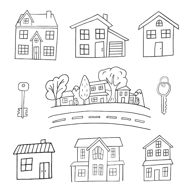 Set van een huis in doodle-stijl