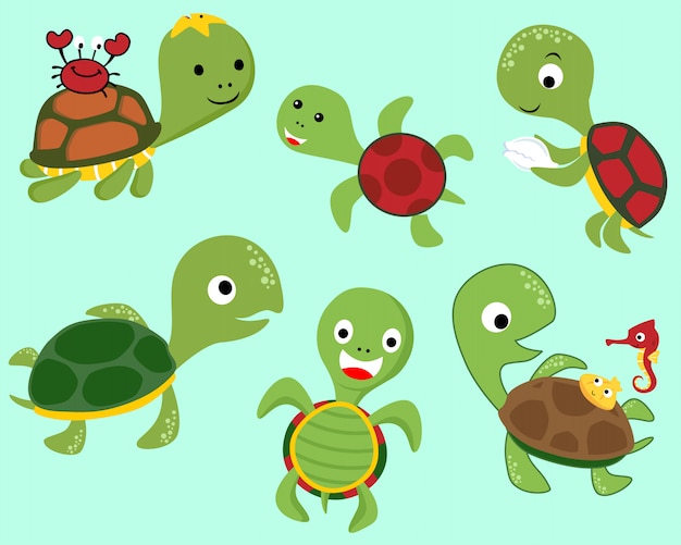 set van een schildpad cartoon met kleine vrienden