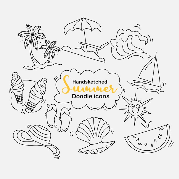 Set van eenvoudige hand geschetste doodle pictogramideeën in een lijnstijl voor de zomerseizoenvector