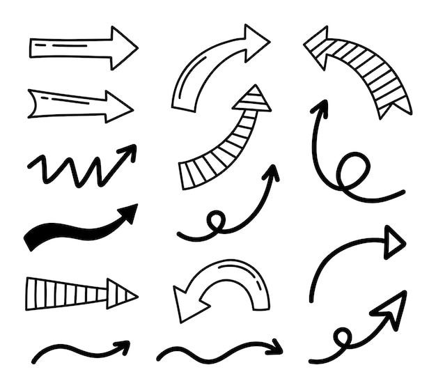 Set van eenvoudige hand getrokken pijlen geïsoleerd op een witte achtergrond. doodle pijl teken pictogrammen.