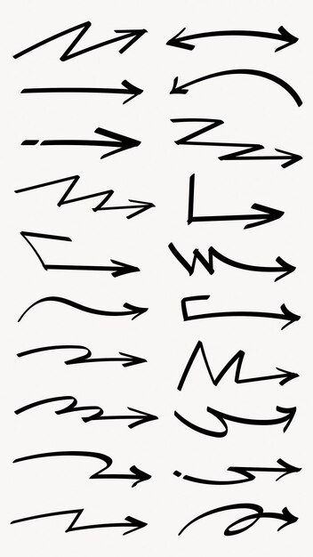 Set van eenvoudige lijnen met de hand getekend zwarte pijlen in verschillende stijlen Set van eenvoudige van de hand getekende zwarte pijls Set van eenvoudige regels met de hand getrokken zwarte pijl Verschillende eenvoudige lijnen pijlen collectie