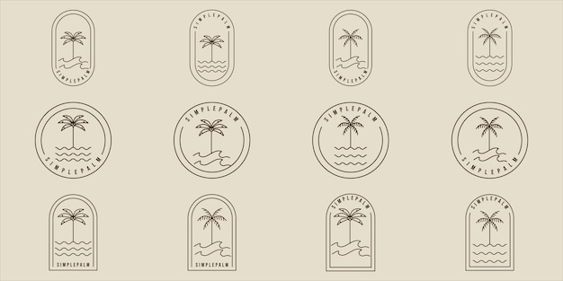 Set van eenvoudige palmboom lijn kunst minimalistische vectorillustratie sjabloon pictogram grafisch ontwerp bundel collectie van verschillende eiland en strand teken of symbool voor reizen of avontuur bedrijf met badge