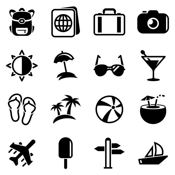 Vector set van eenvoudige pictogrammen op een thema reizen zomer warmte ijs crème pantoffels entertainment strand vector ontwerp platte teken symbool object illustratie zwarte iconen geïsoleerd tegen witte achtergrond