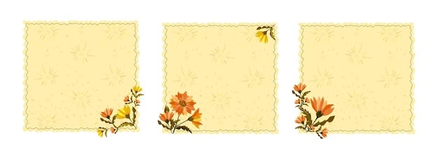 Set van eenvoudige rand frames met bloemen met bladeren op stengels met kopie ruimte en sunburst textuur