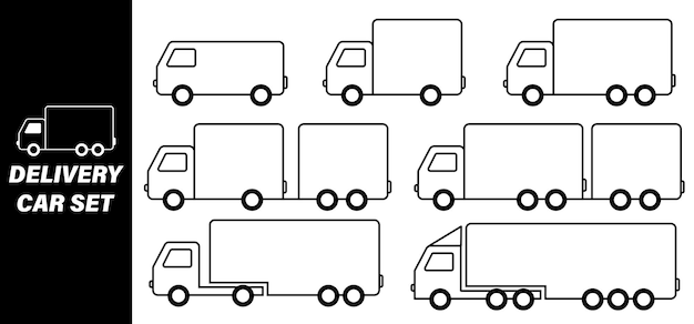Set van eenvoudige vrachtwagenafbeeldingen Afbeeldingen voor levering en transport van verschillende producten