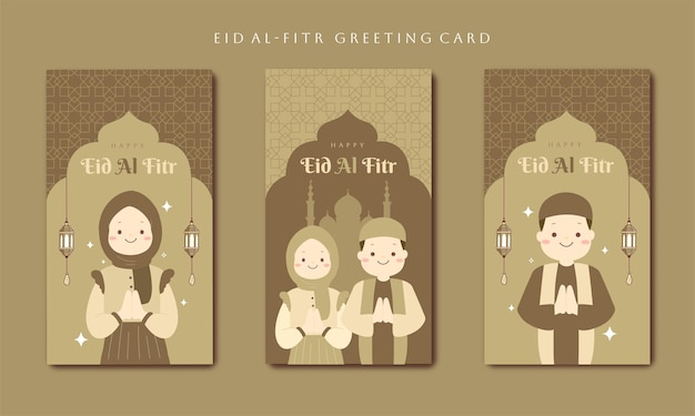 Set van Eid al fitr mubarak wenskaart islamitische cartoon viering