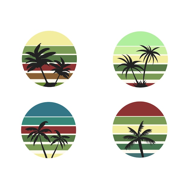 set van eiland iconen retro zonsondergangen stijl van de jaren 80 en 90 iconen een zonnige gradiënt silhouetten