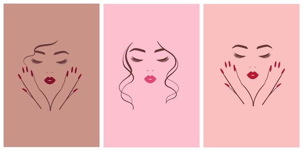 Set van elegant logo voor een schoonheidssalon nagelstudio line vrouw portret met handen heldere lippen