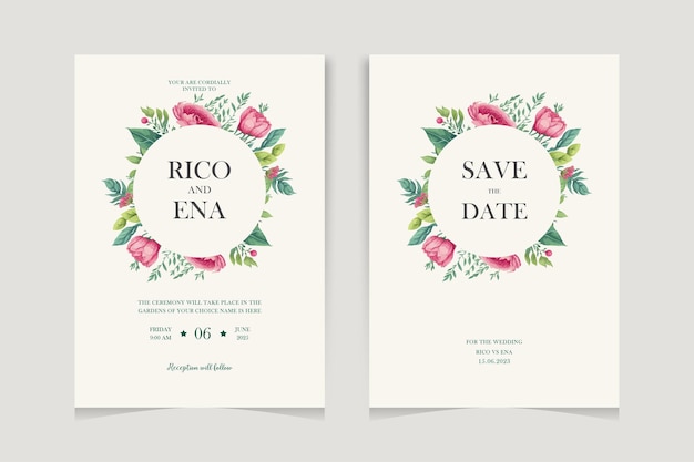 Set van elegante aquarel bruiloft uitnodiging kaart sjabloon met groen bloemen