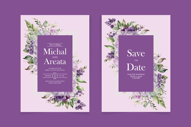 Set van elegante aquarel bruiloft uitnodiging kaart sjabloon met paarse kleur bloemen en achtergrond