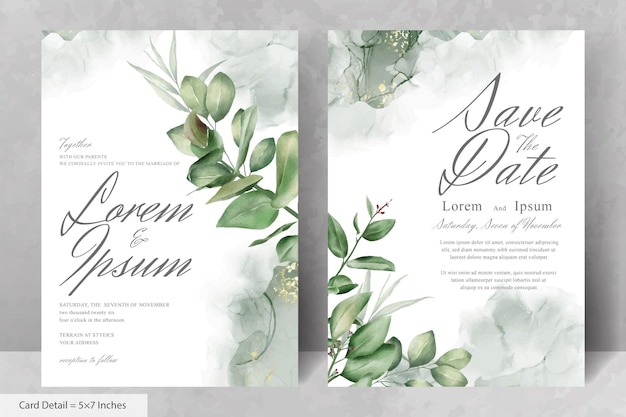 Set van elegante aquarel bruiloft uitnodiging kaartsjabloon met groene bloemen