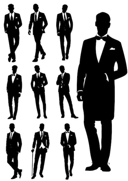 Set van elegante heren in een modieus pak Zwart-wit vectorillustratie
