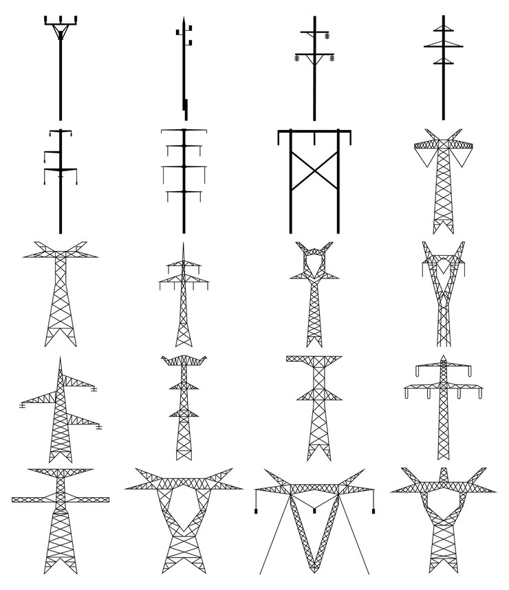 Set van elektrische toren lijn pictogram. Elektrische hoogspanningsmast. Power line overzicht vector ontwerp illustratie geïsoleerd op een witte background