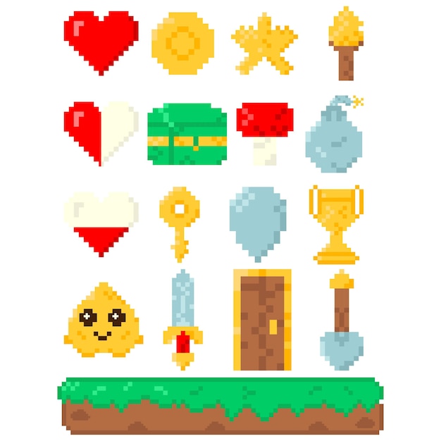 Set van elementen voor 8-bit games Vector icoon in pixel art stijl