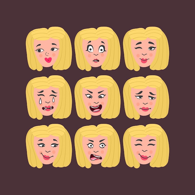 Set van emoties van de vrouw gezichtsuitdrukking meisje avatar illustratie van een plat ontwerp vector format