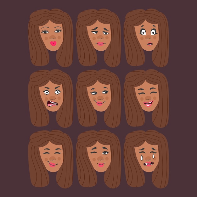 Set van emoties van de vrouw gezichtsuitdrukking meisje avatar illustratie van een plat ontwerp vector format