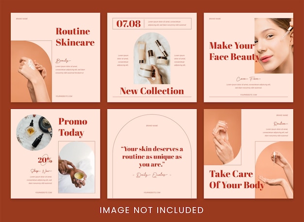 Set van esthetische bruine huidverzorging en beauty instagram feed template