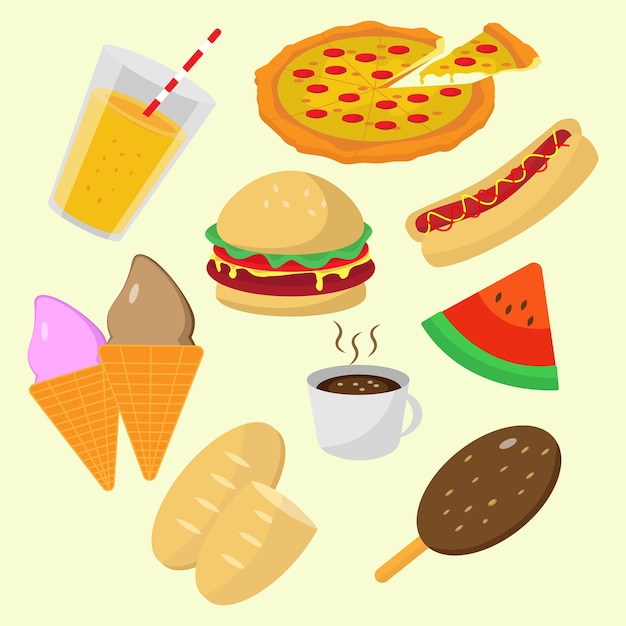 Set van eten en drinken. Vectorillustratie van eten en drinken. Cartoon voedsel voor de lunch.