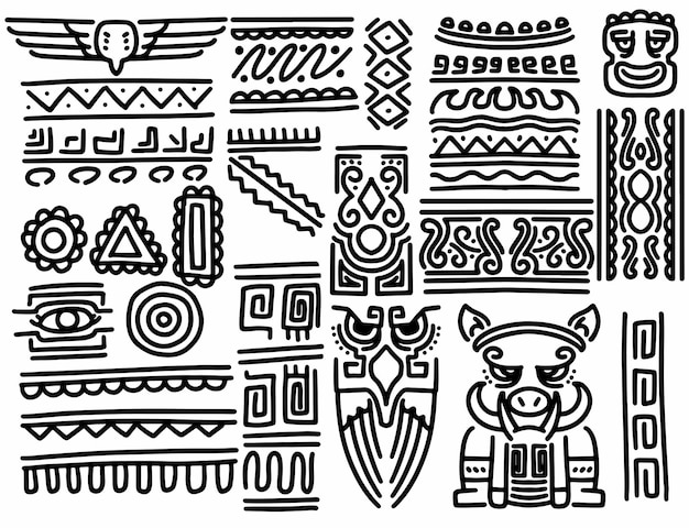 Set van etnische hand getrokken tribale lijnrand en hipster Krabbel ontwerpelement Native penselen Azteekse geometrische zwart-wit vintage mode patroon voor design