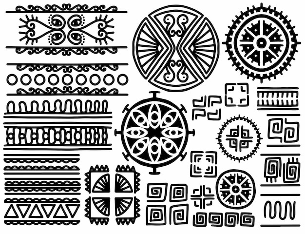 Vector set van etnische hand getrokken tribale lijnrand en hipster krabbel ontwerpelement native penselen azteekse geometrische zwart-wit vintage mode patroon voor design