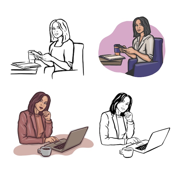 Set van extern werk online freelance kantoorvrouwen vectorillustraties