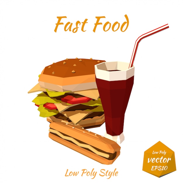 Set van fast food: hamburgers, hot dog met mosterd, frisdranken met een rietje geïsoleerd. Laag poly-stijl