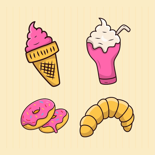 Set van fastfood cartoon Ice Cream Donut Milkshake en croissant illustratie