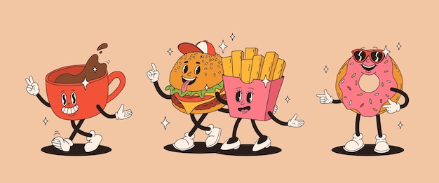 Set van fastfood retro groovy cartoon personage Vintage mascotte van burger pizza hot dog ijs friet koffie om te gaan donut en frisdrank met gelukkige glimlach Funky street food illustratie