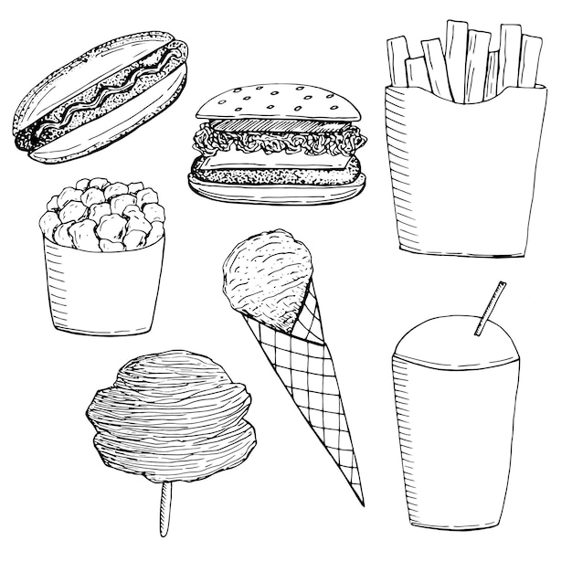 Set van fastfood snacks en snoep vector illustratie hand getrokken schets