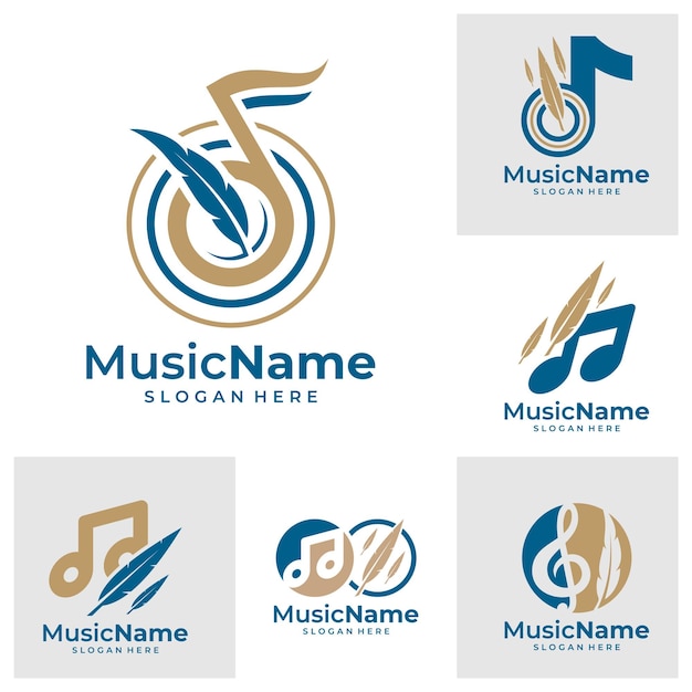 Set van Feather Music Logo Vector Music Feather logo ontwerpsjabloon