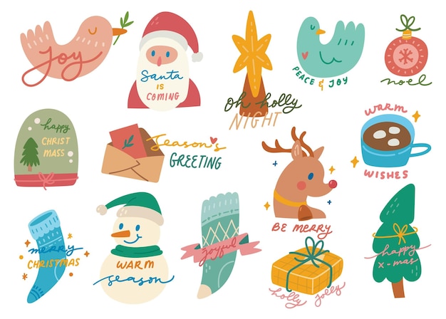 Set van feestelijke en schattige kerstvakantie en nieuwjaars wensen stickers