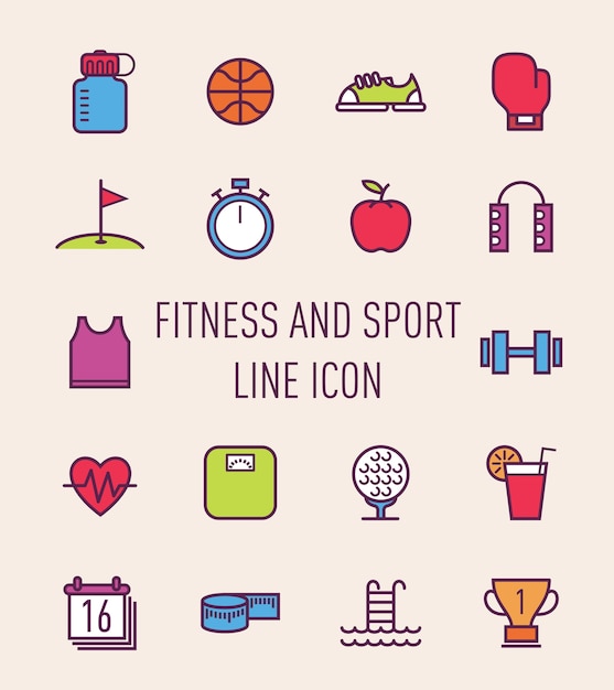 Set van fitness en sport kleurrijke lijn pictogram