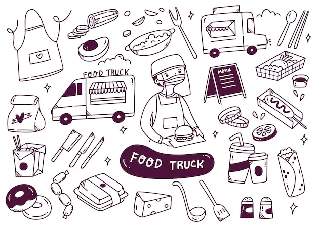 Set van food truck doodles illustratie