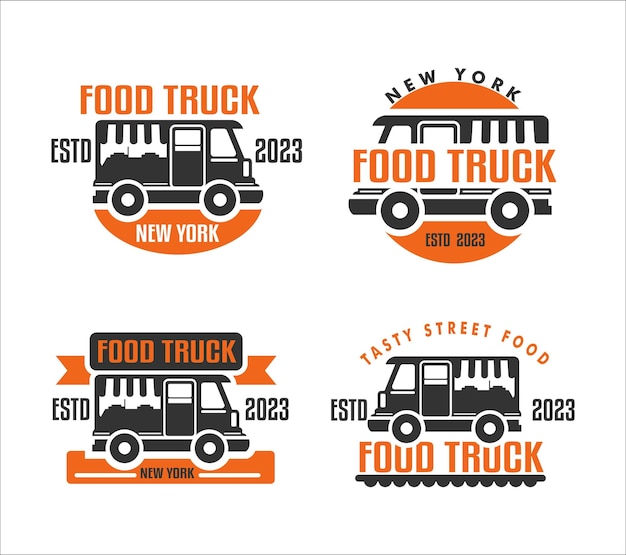 set van food truck logo emblemen sticker geïsoleerd plat ontwerp geschikt voor food festival banner